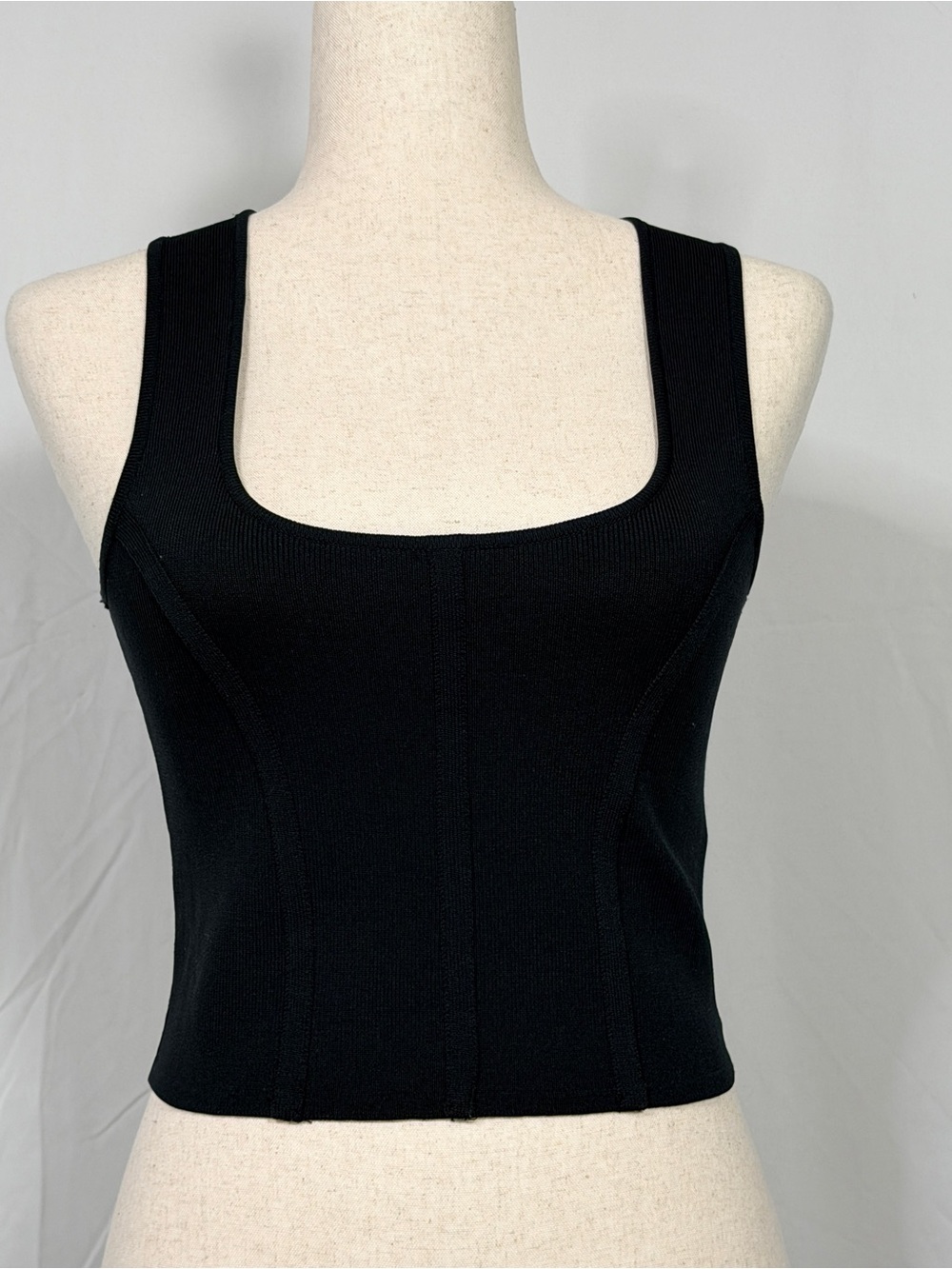 Sleek Black Square-Neck Ribbed Tank corset details, darkgoth, whimsygoth Med